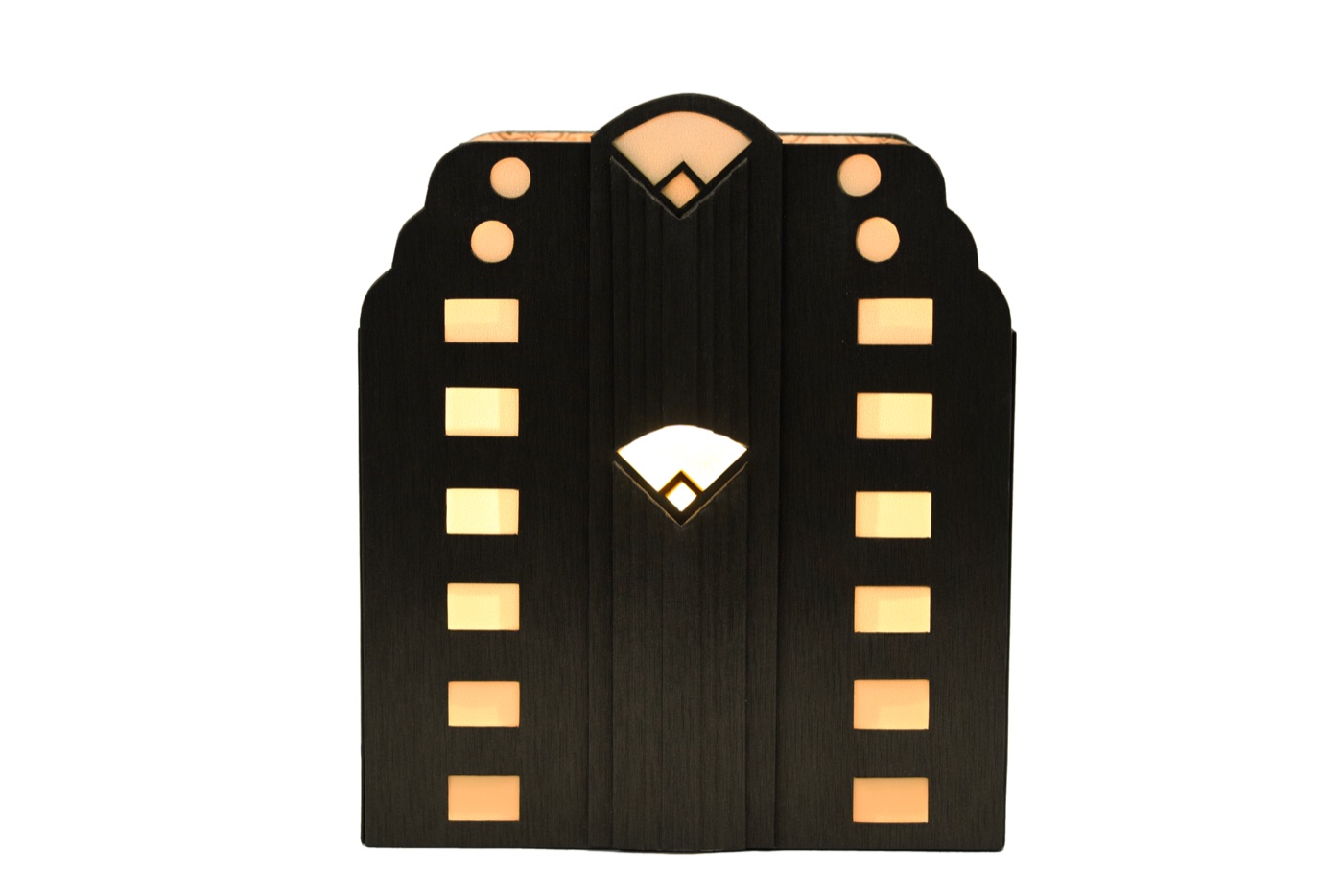 Lampe rétro en cartonnage noir, motifs Art déco ajourés