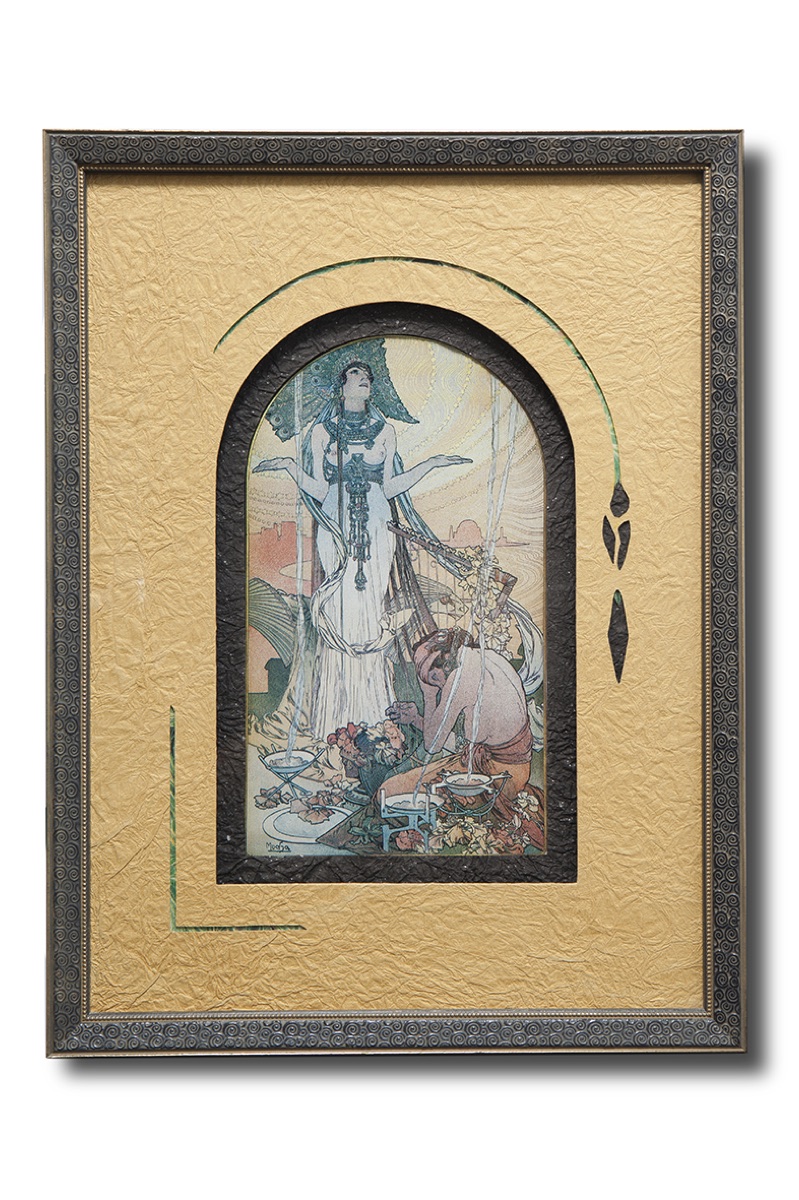 Reproduction de Mucha, ouverture en arche et filets sur fond doré